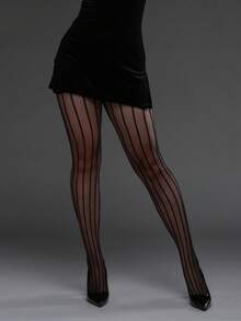 1 Pair Vertical Striped High Elasticity Mesh Leggings, Sexy Skinny Tights, Gothic Punk Style - Black - View 5