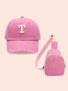 2pcs/Set Girls Letter Print Pink Baseball Cap & Bag, Boys Breathable Casual Wear Outfit For Everyday & Outdoor