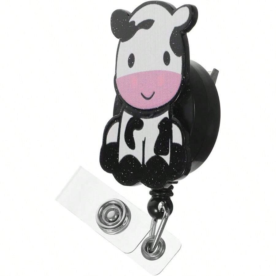 Porta Credencial Porttil Clip Retrctil Para Credencial De Empleado Tamao Compacto Con Clip De Cocodrilo Abs Metlico Diseo De Vaca Para Uso Mdico y Oficina - negro + 6X3.5X2.5CM - Ver 1