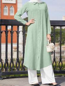 Women's Solid Color Long Sleeve Arabic Dress Spring - Mint Green - View 2
