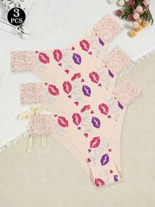 3件装女士内裤，简约舒适薄蕾丝印花，字母和嘴唇图案，亲肤百搭三角裤 - 杏色 - 查看 1
