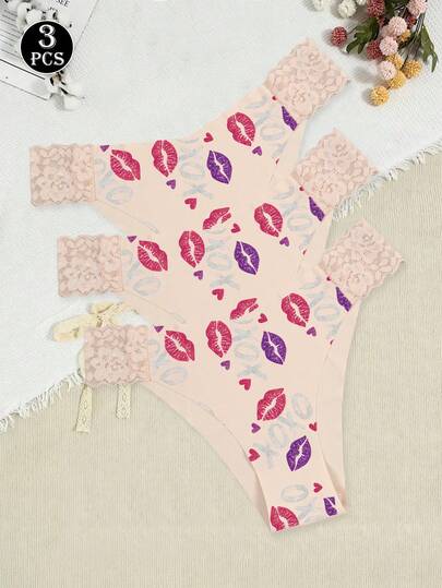 3 piezas de ropa interior para mujer, minimalista, cómoda, delgada, con encaje y estampado de letras y labios en todo el diseño, calzoncillos versátiles y amigables con la piel