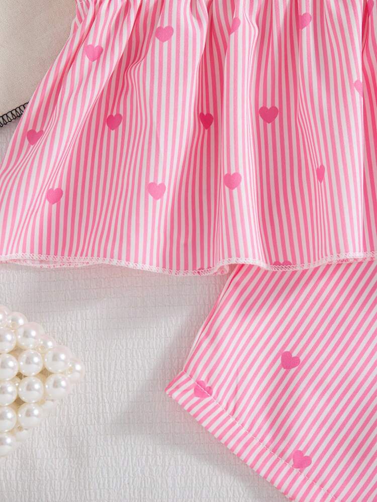 Set de 2 piezas de top de tirantes y shorts de cintura elástica con estampado de corazón a rayas para niñas, para primavera/verano - Rosa - Añade 7