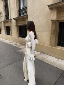 Women's Spring New Dress, Elegant Women's White Knit Bodycon Dress, Contrast Lace Detail, Long Sleeve Semi-Sheer Fitted Deep V-Neck Pencil Hem, Party Cocktail Dress - White - View 3