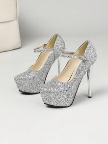 时尚新款 5.5 英寸（14 厘米）女士高跟鞋，四季皆宜的细高跟鞋，加厚防水台，单带扣超高跟鞋，银色闪亮亮片圆头鞋，模特展示，适合宴会、派对、约会、舞会和婚礼。 - 銀色 - 查看 4