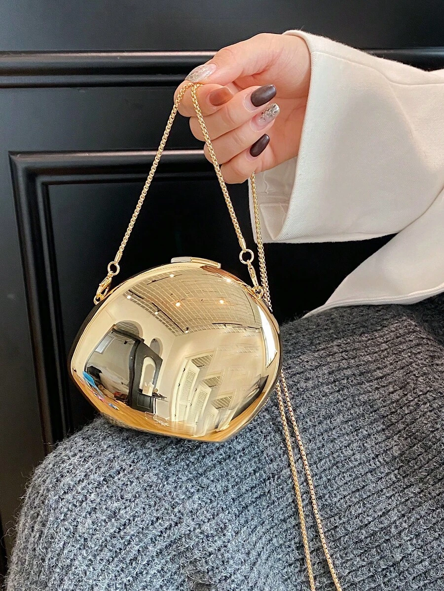 闪亮金属金色亚克力贝壳手拿包，蛋形晚宴包，婚礼单肩/斜挎包，钱包