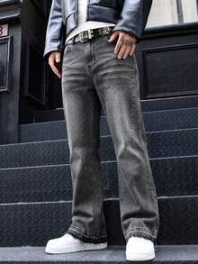 BAZR Men's Flared Jeans, Slim Fit Distressed Flare Leg Jeans, Y2K Stacked Jeans, Contrast Wash Embroidered Jeans, Suitable For All Seasons