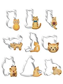 5/9件套韩式卡通猫咪造型饼干模具，不锈钢动物饼干切割模具套装，烘焙工具水果切片器，适用于DIY烘焙、猫咪主题生日派对、情人节、婴儿派对、新娘派对，多功能厨房工具 - - - 查看 1