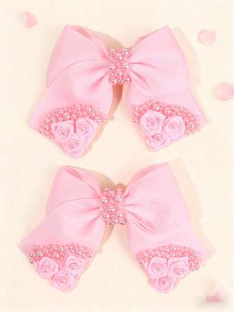 2 piezas Lazos para el cabello con flores de perla rosa para niñas, elegantes pasadores de cabello con perlas, cintas de grosgrán suaves con pinzas de caimán, regalos dulces para niñas, pasadores, pinzas, barrettes casuales diarias, accesorios para el cabello de adolescentes