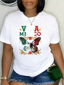 Mariposa con bandera de México camiseta negra estilo casual para fiesta del Día de la Independencia diseño floral y patriótico mujer verano 220g - Blanco - Ver 1