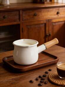 1pc 4-Inch Mini Enamel Milk Pot And Butter Warmer - Wooden Handle Small Skillet, Perfect For Heating Small Liquid Portions, White, Kitchen Essential | Stylish Kitchenware | Durable Enamel With Insulated Wooden Handle, Dual Spouts, Adorable Food Warmer, Mini Butter Pot Baby Food Pot Can Be Used For Frying And Cooking, Dual Spout, Mini Insulated Cute Stew Pot, Ideal For Heating Small Liquid Portions