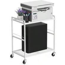 Printer StandsSoporte para torre de computadora soporte para torre de PC carro rodante de metal con capacidad para hasta 40 libras soporte para impresora móvil de 2 niveles con almacenamiento debajo del - Blanco - Ver 3