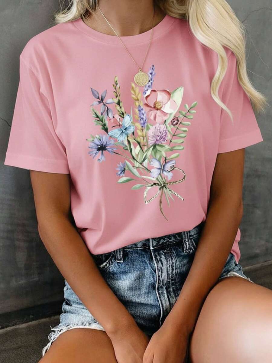 Women's T-Shirt With Elegant Floral Print, Boho Chic, Gift For Her, Cotton Blouse, Casual, Cute, Premium Knit, Short Sleeve, Round Neck Shirt - 淺粉色 - 查看 1