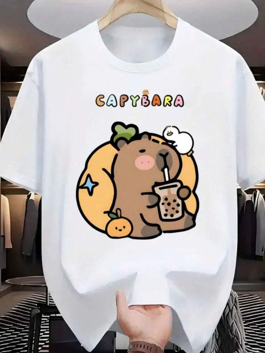 Camiseta Masculina 100% Algodão Premium Manga Curta Estampa Capivara Academia Para Homem Presente Para Ele Estilosa Gola Redonda Lisa Moda Casual - Branco - Visão 1