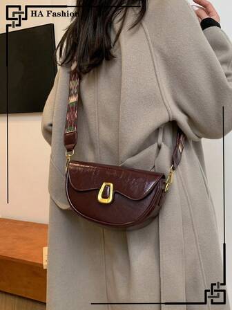 Vintage vinröd sadelväska med brett band, vinröd axelväska, vardaglig armhålsväska för pendling