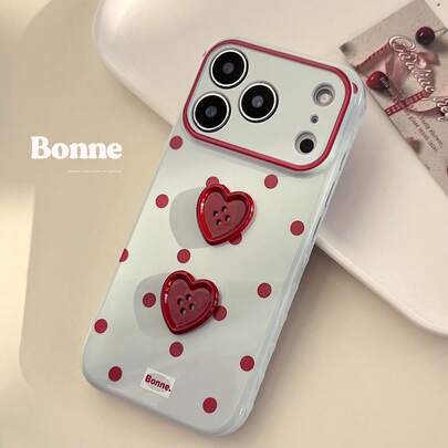 1 pièce Étui de protection souple compatible avec iPhone 17 Pro Max, 16, 15 dans un style bleu écume de mer et à pois bordeaux avec bouton en forme de cœur 3D rouge. Compatible avec iPhone 13, 12. Style personnalisé, girly, géométrique, coréen, minimaliste, color block, de niche, soft girl, Ins.