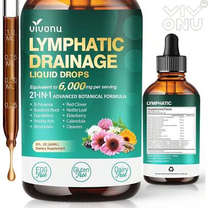  VIVONU 21-en-1 gotas de drenaje linfático, adecuado para liposomas, 6000mg Suplemento de apoyo del sistema inmunológico y linfático, aplicable para mujeres y hombres, incluyendo Echinacea, Dandelion, Burdock, Bromelaina, Calendula, Cúrcuma, 2 FL OZ