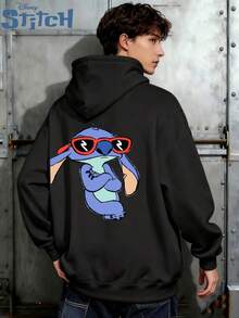 Sweat à capuche imprimé Stitch de la série Disney, sweat à capuche ample à manches longues et cordon de serrage pour hommes, sweat à capuche imprimé Disney pour l'automne/l'hiver - Noir - Voir 4