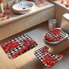 1/4pcs Happy Valentines Day Decoration Shower Curtain Set Heart Love Truck Buffalo Plaid Romantic Red White Black Shower Curtain Washable For Bathroom Shower Ornament Gift Home With 12 Hooks Non-Slip Bath Mat U-Shape Toilet Lid Cover Mat - Multicolor - View 3