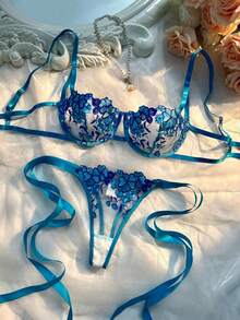 Shipping From The USA Sky Blue Embroidered Strap Women's Underwear Set - Màu xanh lam - Xem 1