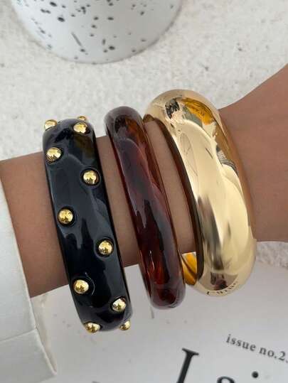 1pc/3pcs/Set Bohemian Geometric Arc Circle Rivet Resin Cuff Bracelet, Luxurious Casual Party Women's Couple Wedding Holiday Versatile Charm Resin Bracelet Gift (Slight Blemish And Color Variation In Resin Is Normal)