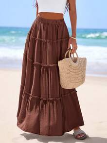 Women's Tiered Maxi Skirt Summer Spring Fashion  High Waisted Long Flowy Casual Boho Beach Vacation Clothes - 棕色 - 查看 5