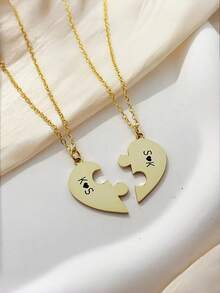 Customized Heart-Shaped Puzzle Engraved Necklace Set, Personalized Name Necklace, Valentine's Day Gift, Best Friend Gift, Family Necklace, Sisters Necklace Set, Classmate Gift, Graduation Gift, Family Gift, High-End Gift, Fashion, Autumn , Minimalist, Casual - Multicolor - View 4
