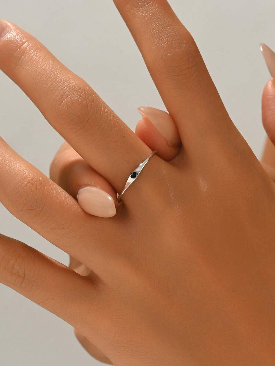 BALMORA 1 Piece Of Simple And Fashionable S925 Sterling Silver Black Dropper Heart Ring For Women's Daily Commuting Wear - Silver - View 1