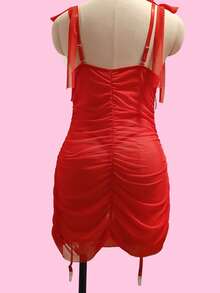 2pcs Set: Women's Sexy Ruched Mesh Bodycon Slip Dress + G-String, Sheer & Revealing, Deep V-Neck Tie-Front Design, Garter Skirt, Suitable For Valentine's Day, Couple's Gift, Wedding, Holiday, Casual, Party, Ramadan And Other Occasions. - Red - View 4