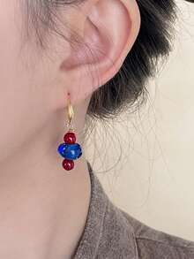 1 Pair Of Original Red And Blue Contrasting Glass Stone Earrings, Natural Agate, Women's Bohemian Style Earrings, New Chinese Style Suitable For Women's Parties, Evening Parties, Beach Vacations, Gifts - Multicolor - View 2