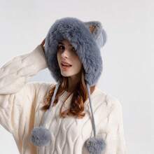 1pc Stylish Faux Fur Fox Ear Neck Warmer Hat, Women Winter Warm Windproof Trapper Hat, Ski Cap - 灰色圍巾- - 查看 8