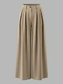 Quần tây ống rộng màu kaki dành cho nữ - Xếp ly phía trước, cạp cao, phong cách công sở thường ngày, phù hợp cho mọi mùa. - Màu kaki nhạt - Xem 2