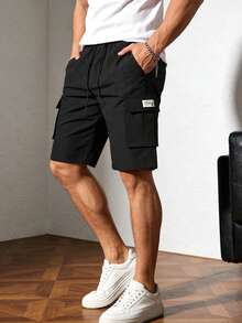 男士宽松抽绳腰带工装短裤，带翻盖口袋，黑色 - 黑色 - 查看 3