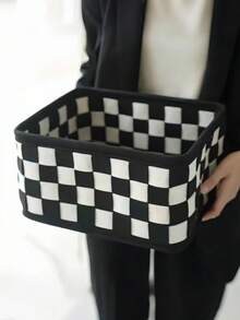 1pc/3pcs Black & White Plaid Storage Basket, Vanity Organizer Bin, Felt Catchall Basket, Multifunctional Desktop Storage Box, Suitable For Storing Cosmetics, Snacks, Toys And Bedroom Items, Desktop Organizer Basket - Black and White Grid - View 5