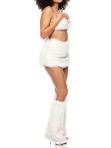 Women's .Y Y2K Fuzzy Outfits Furry Corset Top Mini Skirt Leg Warmer Set Fashion Faux Fur Club Rave Set Streetwear - 白色 - 查看 4