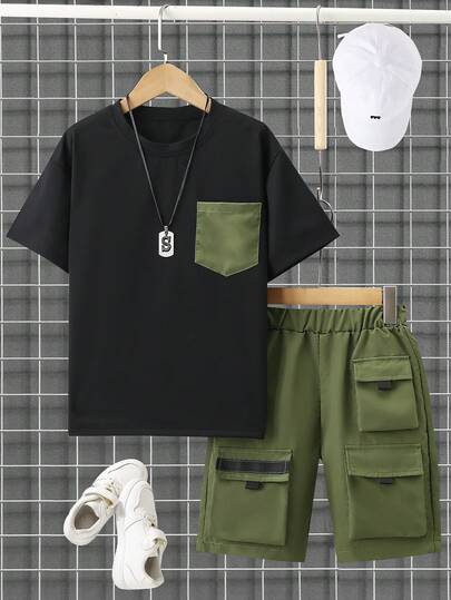 Conjunto de camisa de manga corta con bolsillo y pantalones cortos de unicolor casual para adolescentes varones, ropa de calle de moda para primavera/verano al aire libre