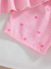 2pcs Girls Casual Striped Heart Print Decor Camisole Top And Elastic Waist Shorts Set, Spring/Summer - 粉色 - 查看 10