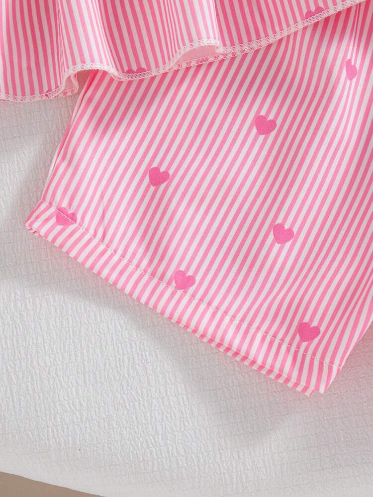 Set de 2 piezas de top de tirantes y shorts de cintura elástica con estampado de corazón a rayas para niñas, para primavera/verano - Rosa - Añade 10
