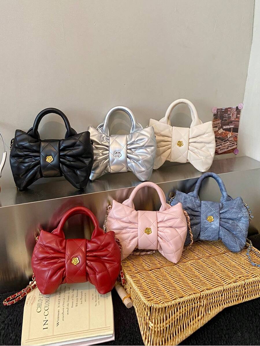 斋月庆典新款迷你手提包，饰有蝴蝶结，时尚可爱纯色绗缝斜挎包，适合青少年，可作化妆包、零钱包、晚宴包。 - 蝴蝶結手提 - 查看 1