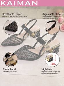 1 đôi sandal cao gót thời trang mới dành cho nữ, gót cao mạ vàng, giày dự tiệc thanh lịch, chất liệu da PU cao cấp với khóa cài và dây thun, kiểu dáng mới cho nữ dự tiệc, mùa xuân/hè. - màu đen - Xem 7