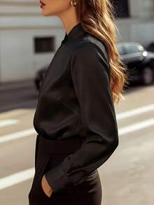 Áo sơ mi nữ dài tay cổ đứng khoét lỗ, màu trơn thanh lịch dành cho công sở, đi làm và mặc hàng ngày. - màu đen - Xem 3