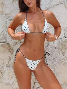Women Y2k Brazilian Sexy Polka Dot Bikini Set Halter String Triangle Tie Side Cheeky Thong 2 Piece Bathing Suit Swimwear Beach Vacation Beachwear Summer Holiday Outfits - 白色 - 查看 1