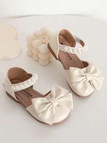 女童珍珠蝴蝶结凉鞋，夏季软底包头鞋，儿童公主风真皮鞋 - 白色 - 查看 5