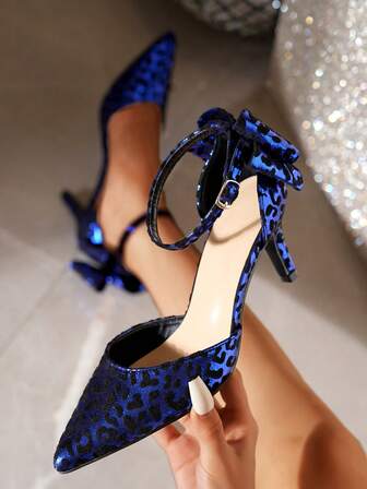 Women's Satin Bow Pointed Toe One-Strap High Heel Shoes, Navy Blue, Spring/Autumn