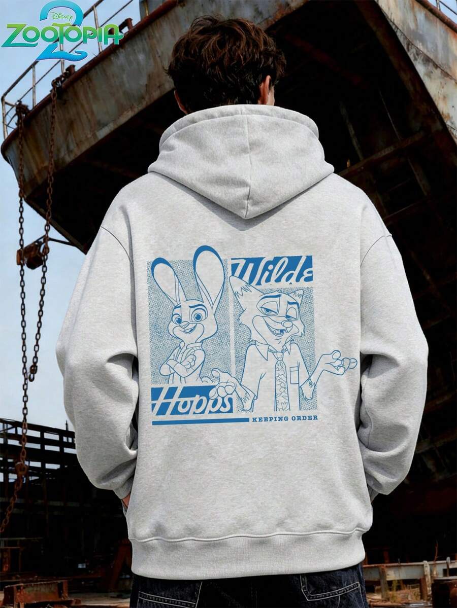 Disney Zootopia Series Stylish Stitch Print Hoodie, Men's Loose Long Sleeve Drawstring Hoodie, Print Autumn/Winter Hoodie (Men's Pullover Hoodie, Black Hoodie, White Hoodie, Winter Hoodie, Gray Hoodie, Men's Winter Hoodie, Plus Size Hoodie) - Light Grey - View 1
