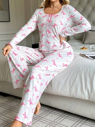 2pcs Women's Pajama Set, Women's Casual Homewear Set, Autumn, Comfortable Outfit, Cute Pink Bow Design