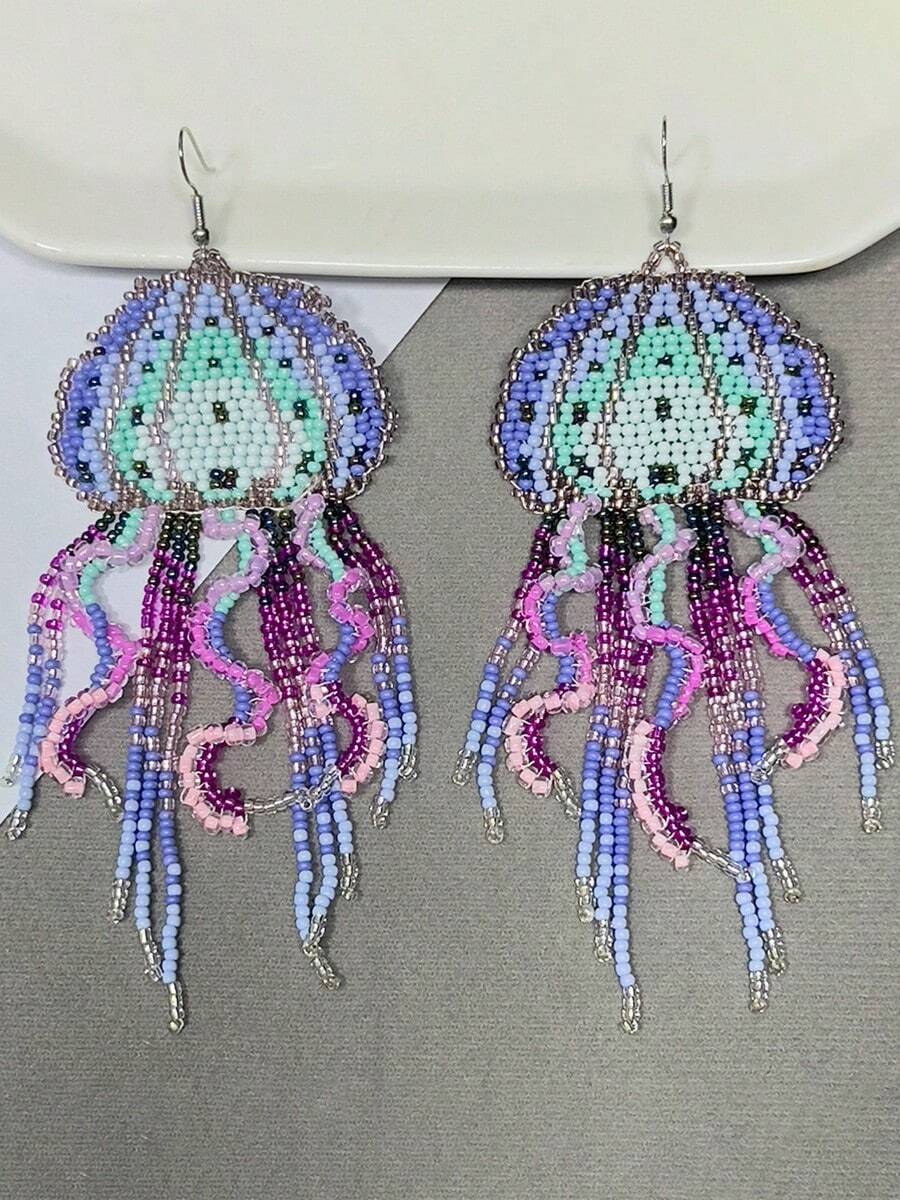 Jellyfish Beaded Earrings Bohemian Seed Bead Drop Earrings Fashion Women's Jewelry Handmade Glass Beads Light Luxury Beaded Accessories Ocean Animal Beaded Ear Hooks Suitable For Daily Beach Vacations Music Festival Earrings - Màu tím - Xem 1