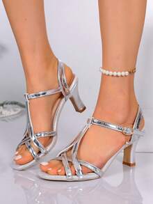 2025新款时尚女士高跟凉鞋，露趾猫跟礼服派对鞋，优雅踝带舒适高跟鞋，适合工作、通勤、日常穿着 - 銀色 - 查看 4