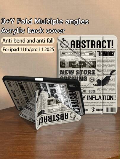 1个复古报纸猫咪图案折叠平板电脑保护套，透明亚克力硬壳，加厚硅胶防摔，自动唤醒/睡眠，兼容iPad 10/9代、iPad Pro 2024（13/11英寸），支持水平和垂直多角度调节，办公学习必备