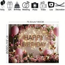 粉色花朵气球生日快乐背景幕布，金色亮片点缀，完美适用于生日派对蛋糕桌背景装饰、摄影横幅道具，乙烯基材质。